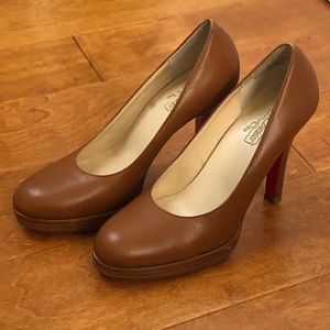 Tan Leather Platform Stacked Stiletto Heel Pumps